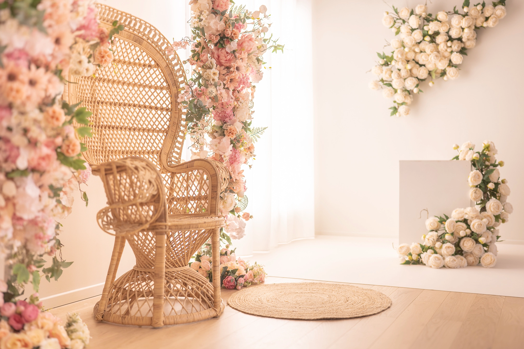 Studio photo à Paris décoré pour mini-séances fête des mères, fauteuil en rotin entouré de fleurs pastel.