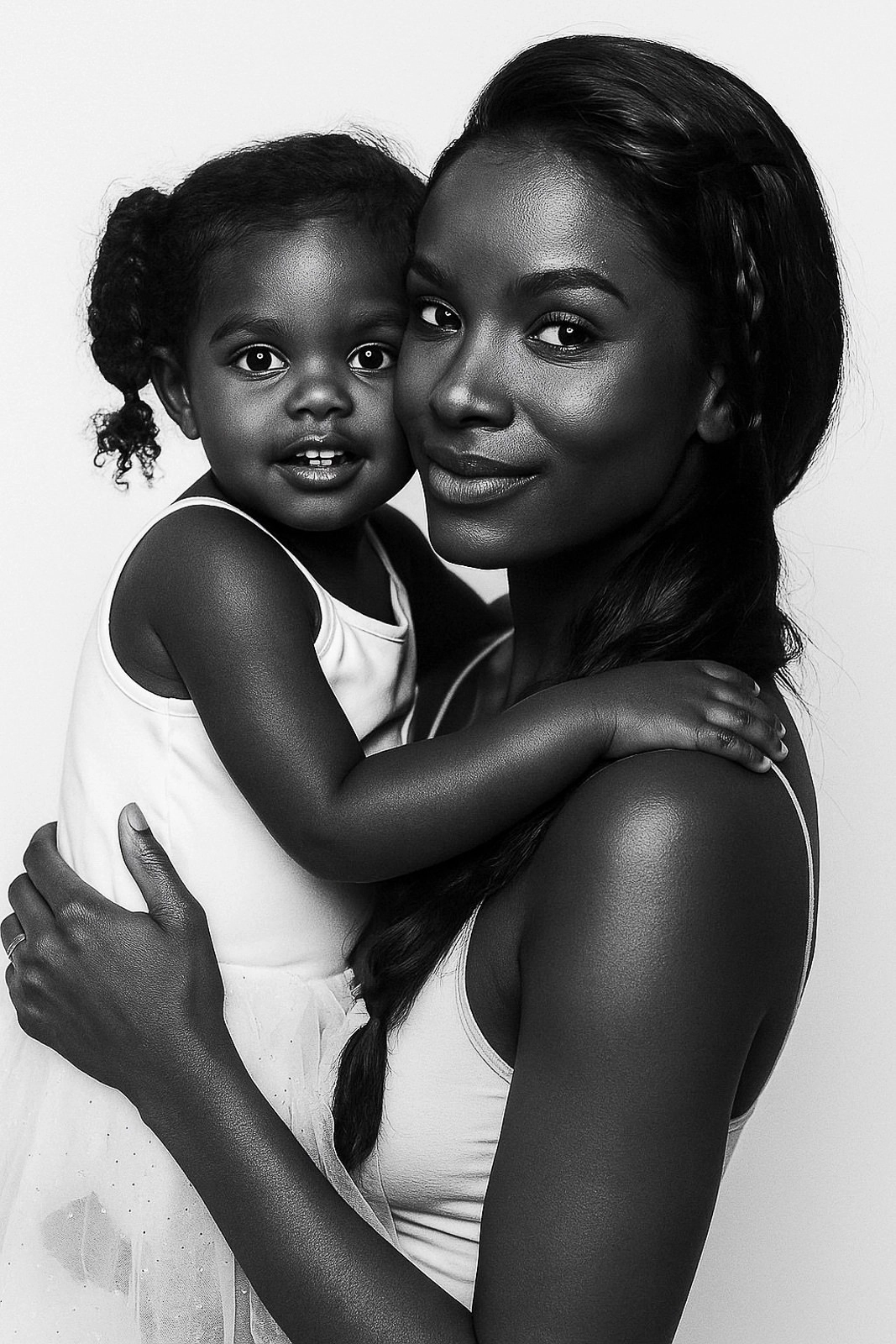 Portrait noir et blanc mère mannequin et son bébé fond clair en studio